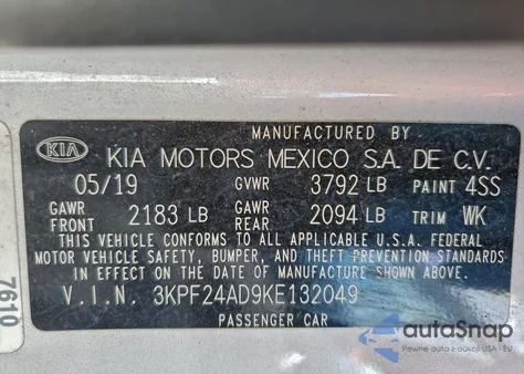 2019 Kia Forte Fe z USA, uszkodzony, nr VIN 3KPF24AD9KE132049